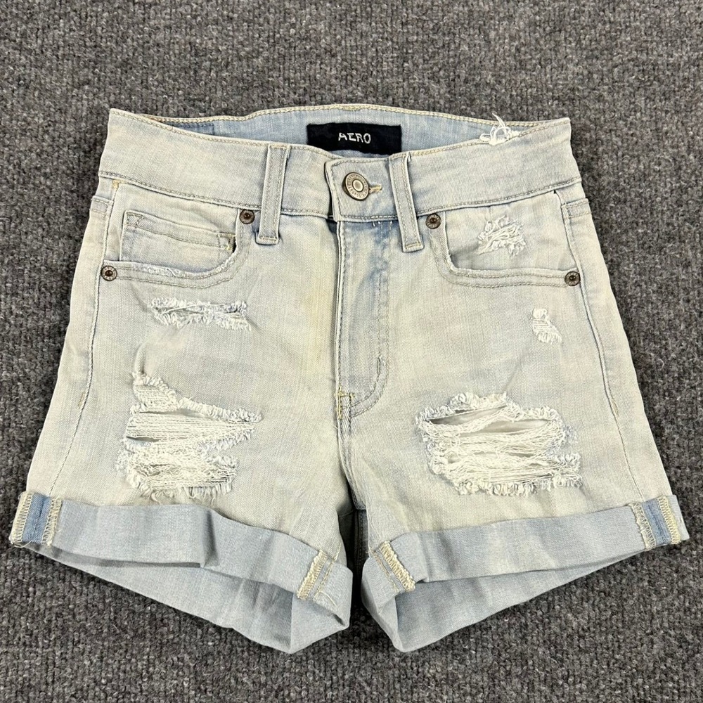 Aeropostale Denim Shorts Womens Size 00 Light Wash Distressed Rayon Blend Cuffed